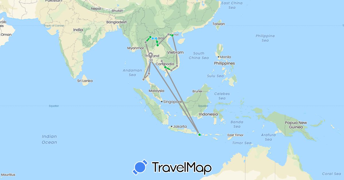 TravelMap itinerary: driving, bus, plane, boat, motorbike in Indonesia, Cambodia, Laos, Thailand, Vietnam (Asia)